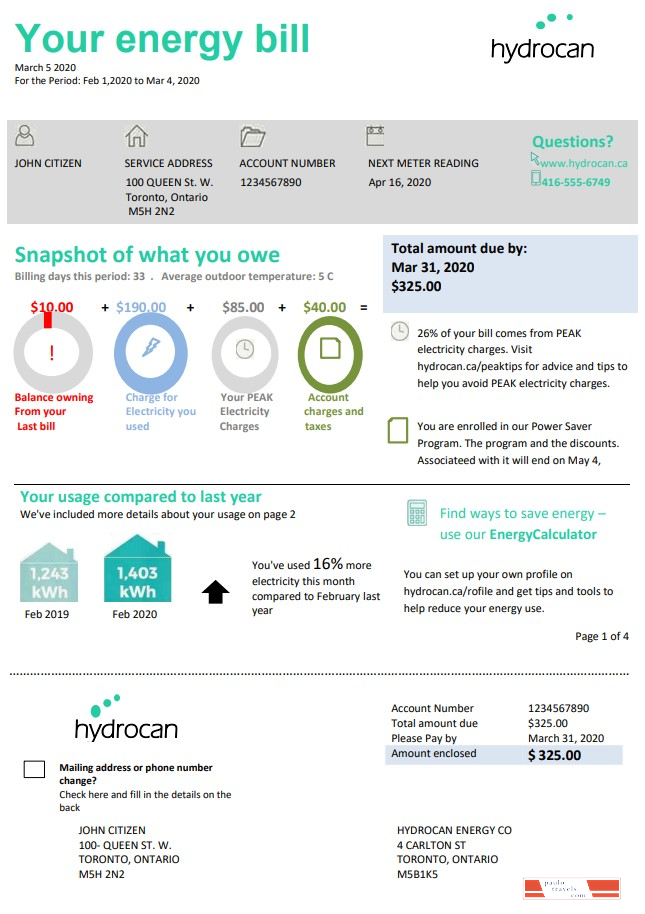 USA Ontario Hydrocan electricity utility bill template in Word and PDF format